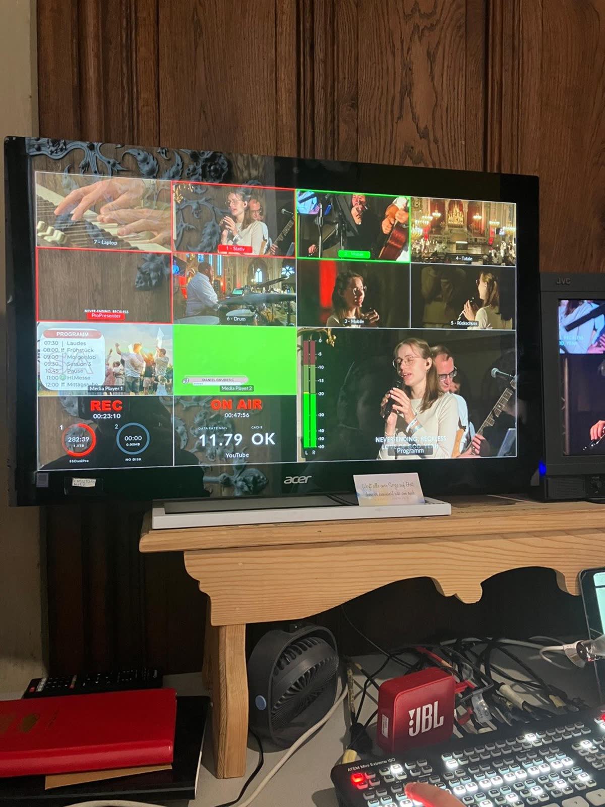 Multiview-Monitor mit allen Kamerabildern, REC und On Air